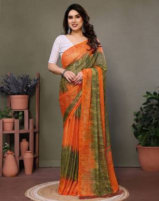 Light green orange georgette printed zari work saree with blouse 3