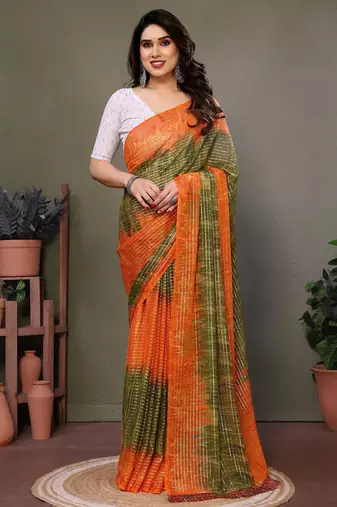 Light green orange georgette printed zari work saree with blouse