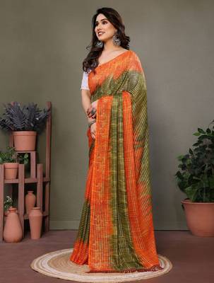 Light green orange georgette printed zari work saree with blouse 4