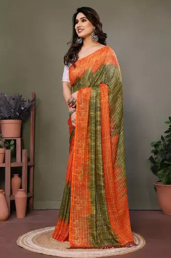 Light green orange georgette printed zari work saree with blouse