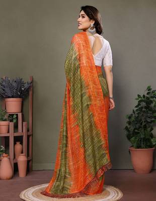 Light green orange georgette printed zari work saree with blouse 5