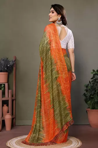 Light green orange georgette printed zari work saree with blouse