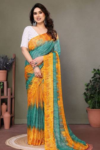 Dark green georgette printed zari work saree with blouse
