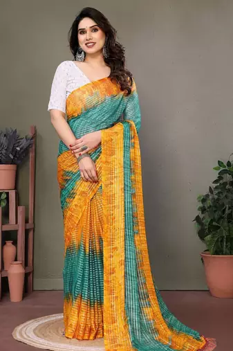 Dark green georgette printed zari work saree with blouse