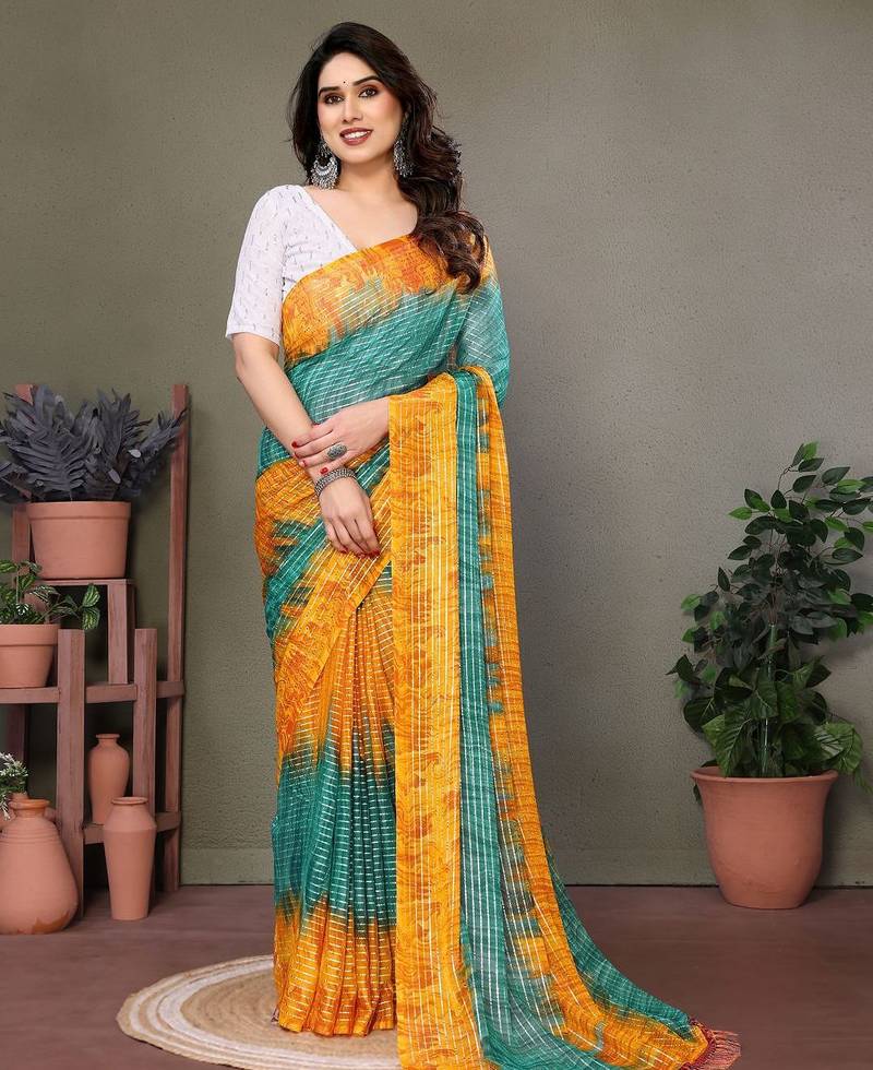 Dark green georgette printed zari work saree with blouse