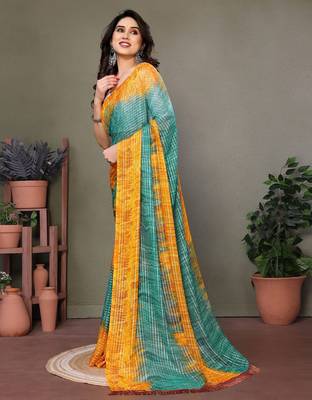 Dark green georgette printed zari work saree with blouse 2