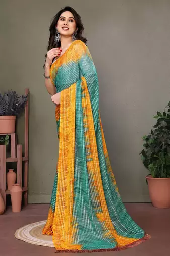 Dark green georgette printed zari work saree with blouse