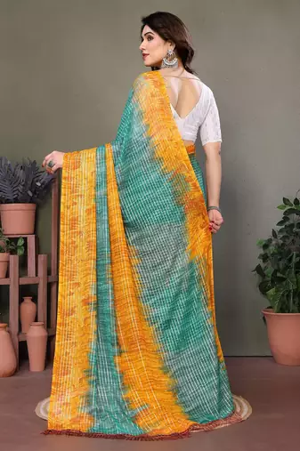 Dark green georgette printed zari work saree with blouse