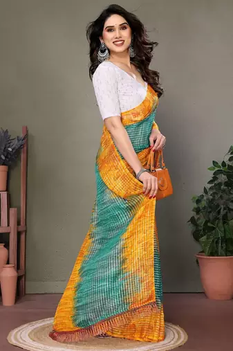 Dark green georgette printed zari work saree with blouse