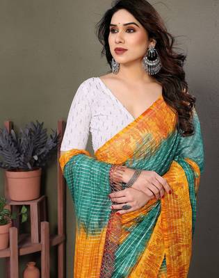 Dark green georgette printed zari work saree with blouse 5