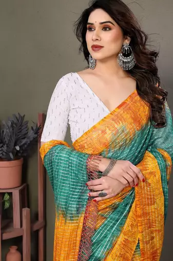 Dark green georgette printed zari work saree with blouse