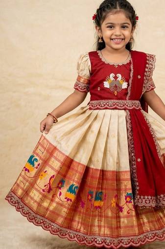 Kids paithani simmer silk zari weaving pavadai lehenga choli set