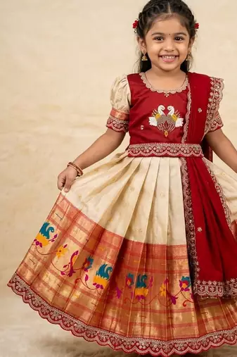 Kids paithani simmer silk zari weaving pavadai lehenga choli set