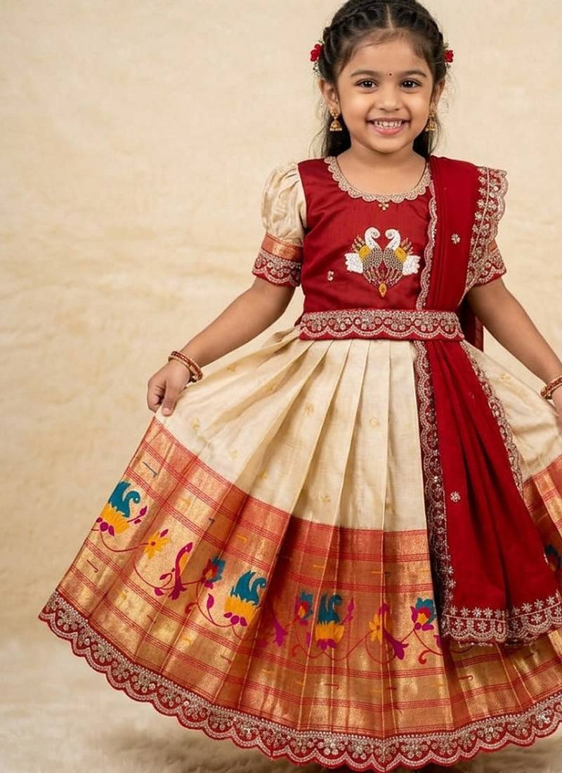 Kids paithani simmer silk zari weaving pavadai lehenga choli set