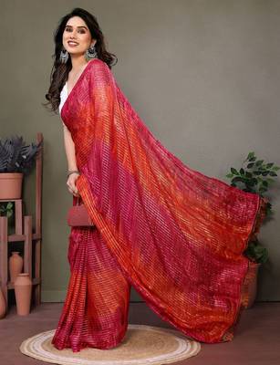 Red georgette printed zari work saree with blouse 2