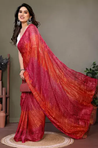Red georgette printed zari work saree with blouse