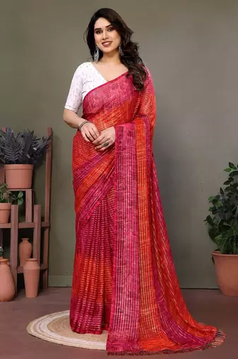 Red georgette printed zari work saree with blouse
