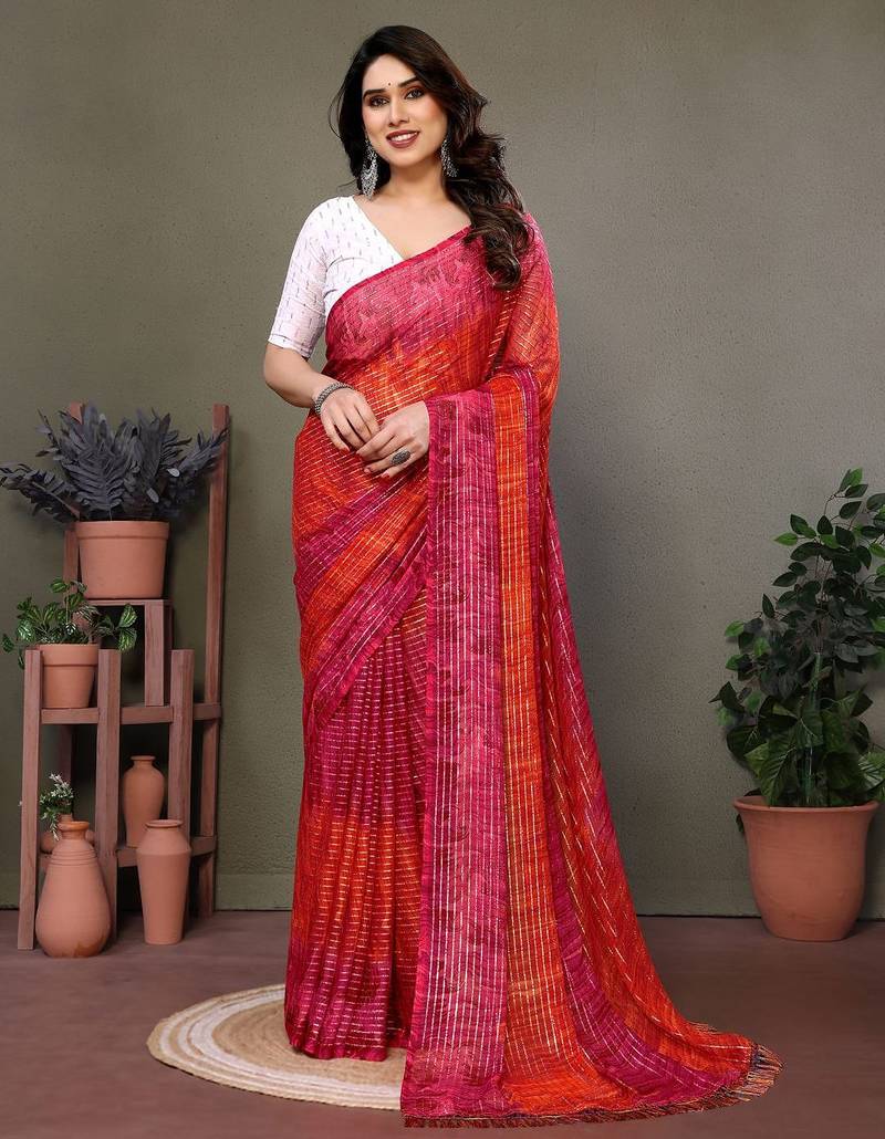 Red georgette printed zari work saree with blouse