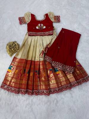 Kids paithani simmer silk zari weaving pavadai lehenga choli set 2
