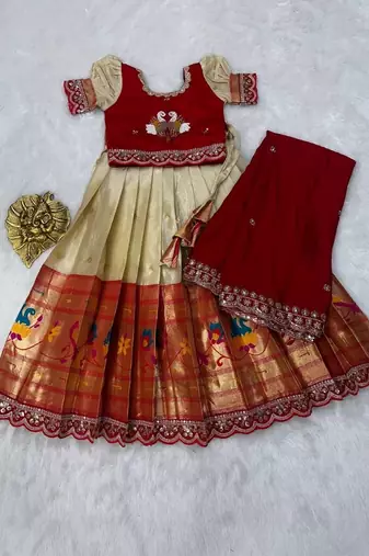 Kids paithani simmer silk zari weaving pavadai lehenga choli set