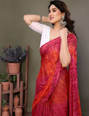 Red georgette printed zari work saree with blouse 3