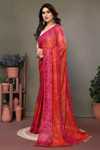 Red georgette printed zari work saree with blouse