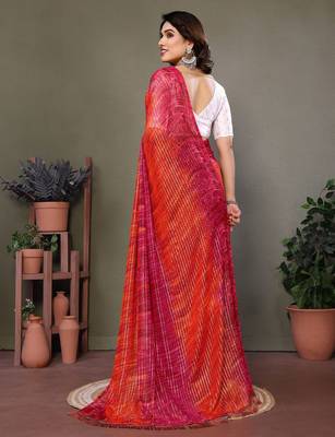 Red georgette printed zari work saree with blouse 5
