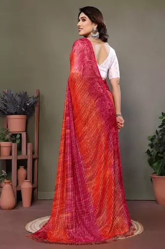 Red georgette printed zari work saree with blouse