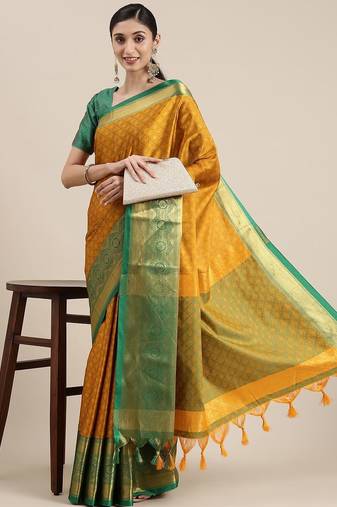Gold blended cotton woven zari work saree with blouse