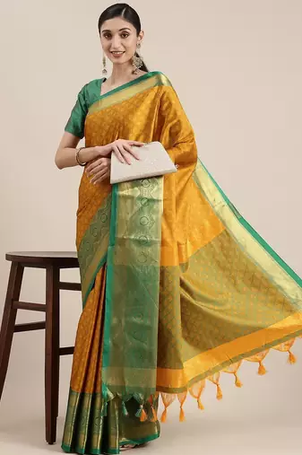 Gold blended cotton woven zari work saree with blouse