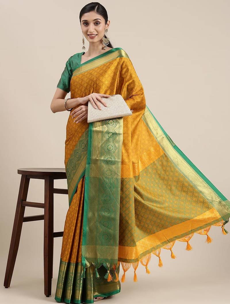 Gold blended cotton woven zari work saree with blouse