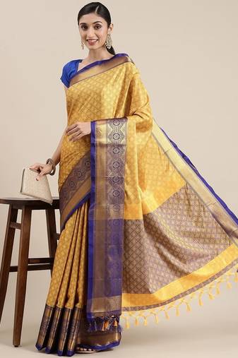 Yellow blended cotton woven zari work saree with blouse