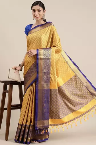 Yellow blended cotton woven zari work saree with blouse