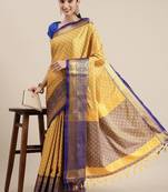 Yellow blended cotton woven zari work saree with blouse