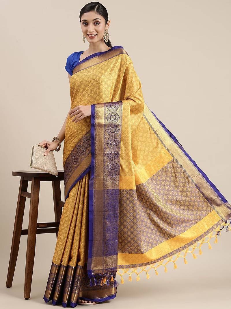 Yellow blended cotton woven zari work saree with blouse