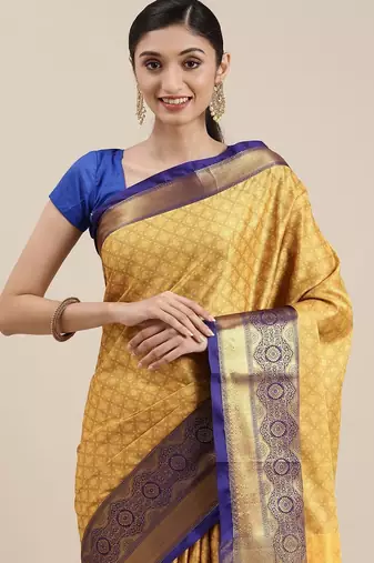 Yellow blended cotton woven zari work saree with blouse
