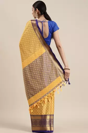 Yellow blended cotton woven zari work saree with blouse