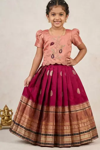 Kids silk zari weaving work lehenga choli
