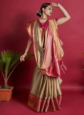 Beige blended cotton woven zari work saree with blouse 1