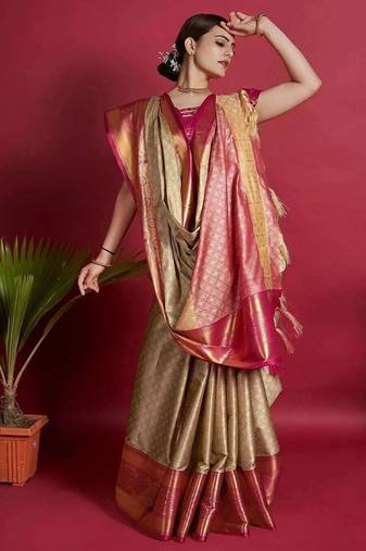 Beige blended cotton woven zari work saree with blouse