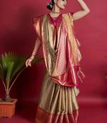 Beige blended cotton woven zari work saree with blouse