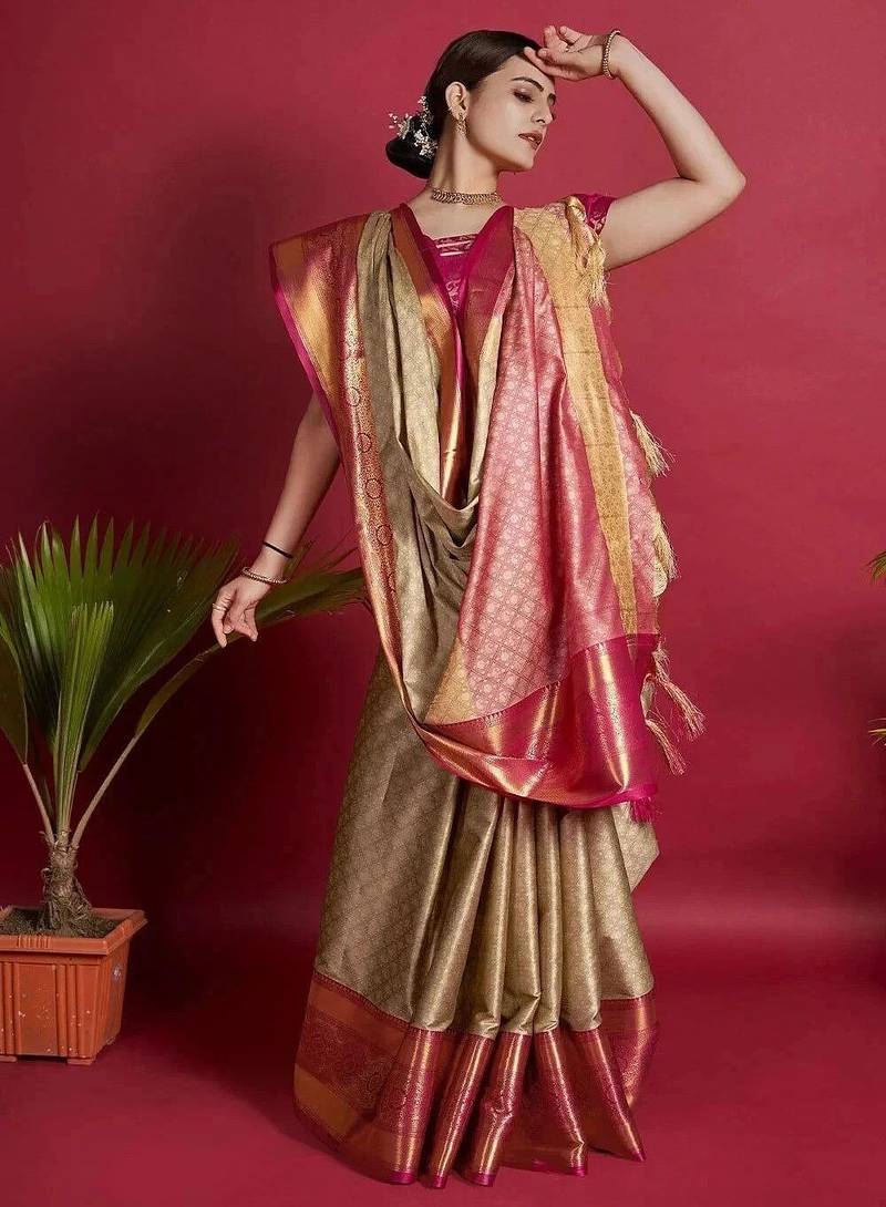 Beige blended cotton woven zari work saree with blouse