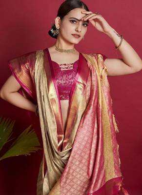 Beige blended cotton woven zari work saree with blouse 2