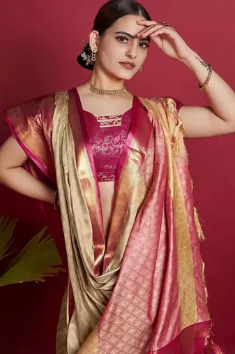 Beige blended cotton woven zari work saree with blouse