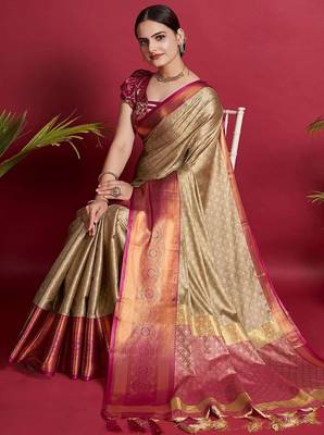 Beige blended cotton woven zari work saree with blouse 3