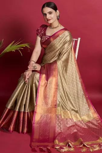 Beige blended cotton woven zari work saree with blouse