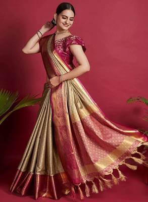 Beige blended cotton woven zari work saree with blouse 4