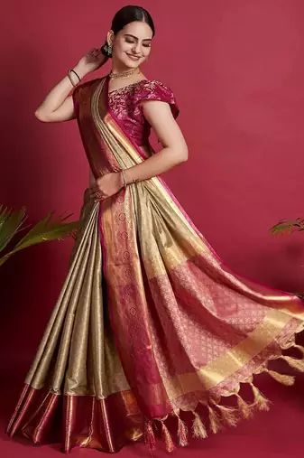 Beige blended cotton woven zari work saree with blouse