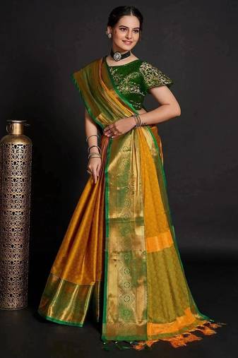 Gold blended cotton woven zari work saree with blouse