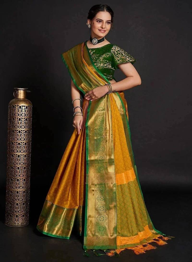 Gold blended cotton woven zari work saree with blouse